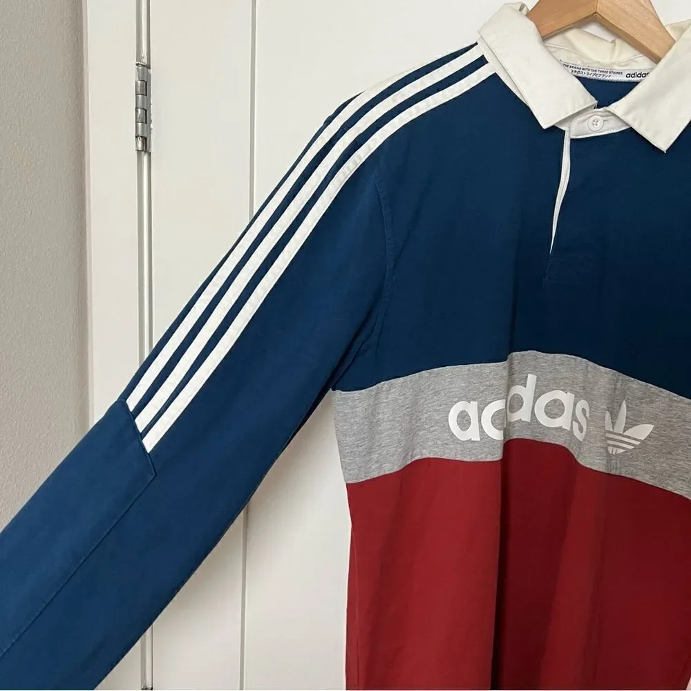 Adidas Polo Shirt Mens Size M 3-Stripes Long Sleeve Rugby Blue Red Gray